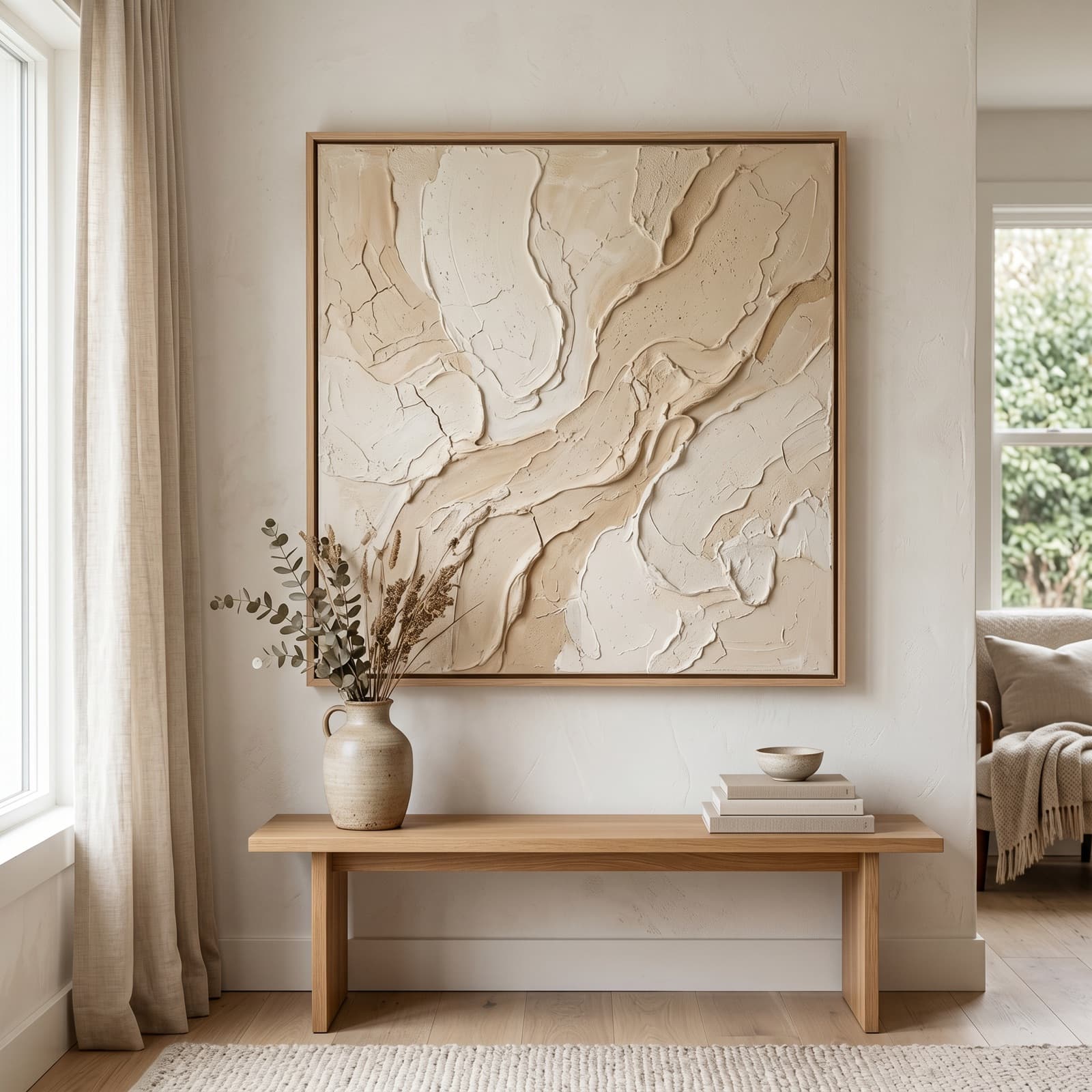 A framed handmade spackle painting on the wall of a calm, light-filled interior