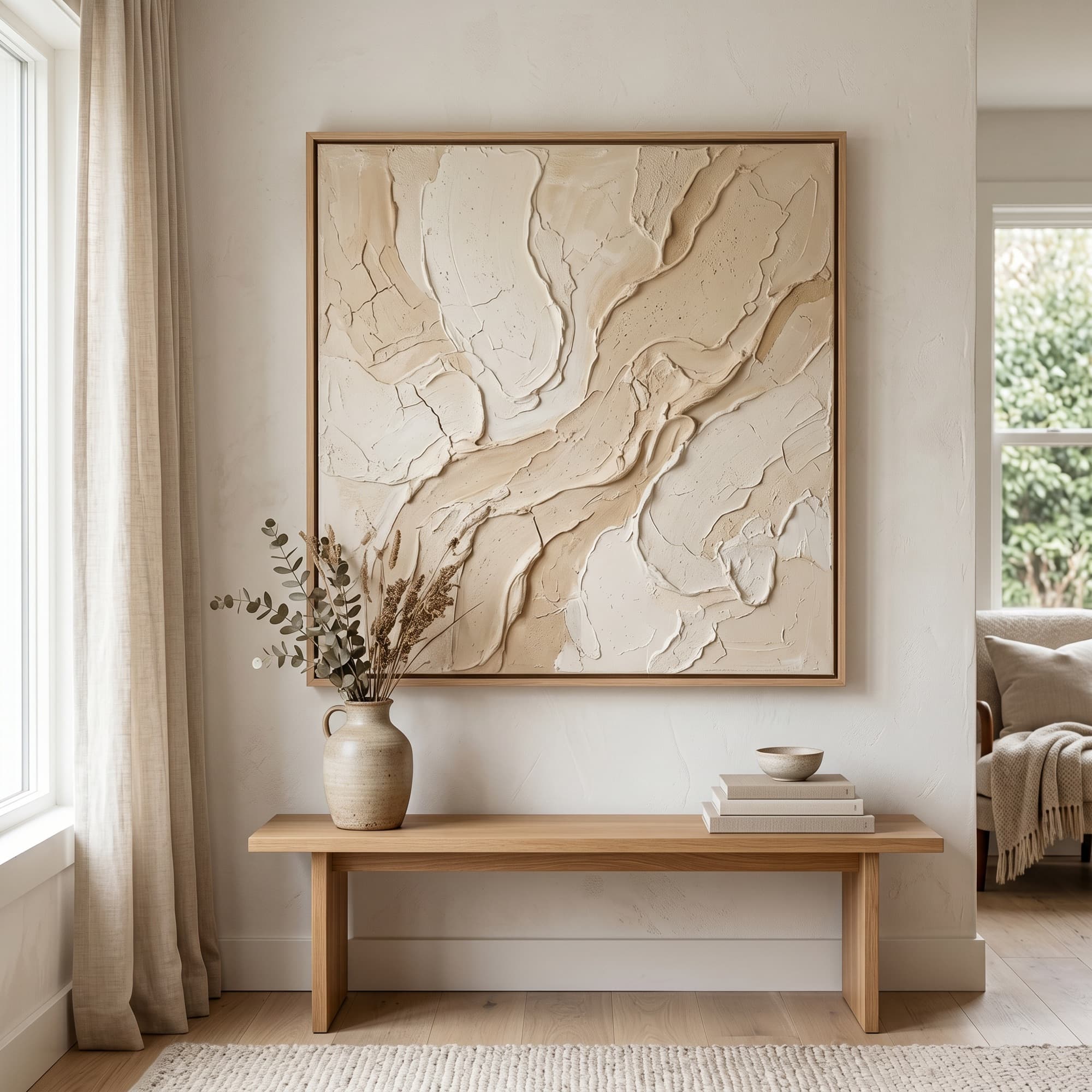 Large handmade textured spackle painting framed above a bench in a calm, light-filled Scandinavian interior